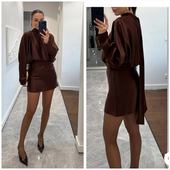 Zara Satin Effect Scarf Dress Brown NWT - Picture 5 of 15